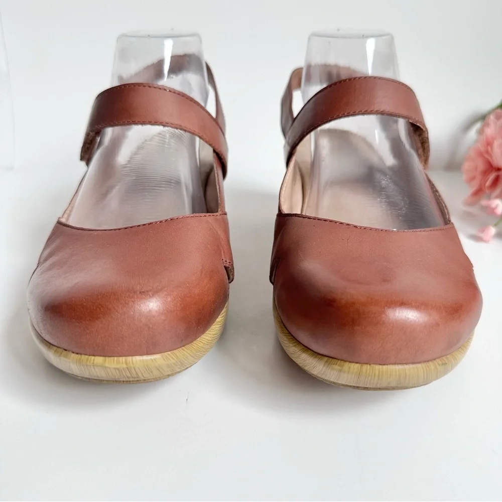 Alegria Tarah Cognac Leather Ankle Strap Wedge Shoes - Picture 5 of 16
